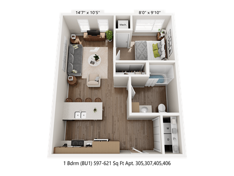 Floor plan for 1 bed, 1 bath, 621 sqft